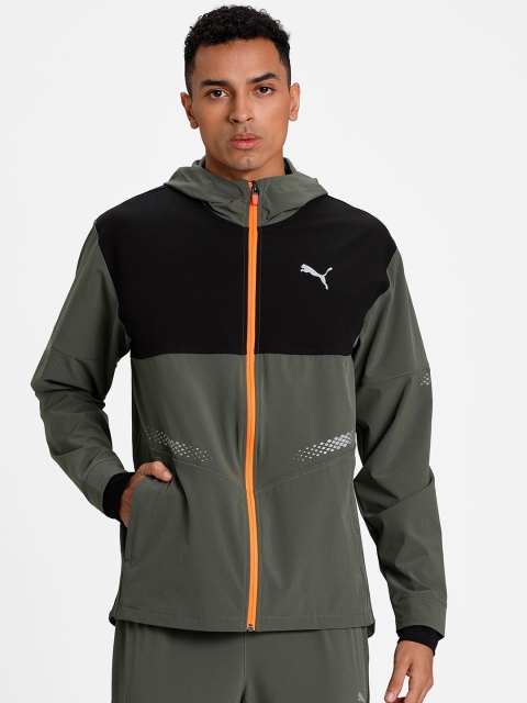 

Puma Men Olive Green & Black Colourblocked Sporty Jacket
