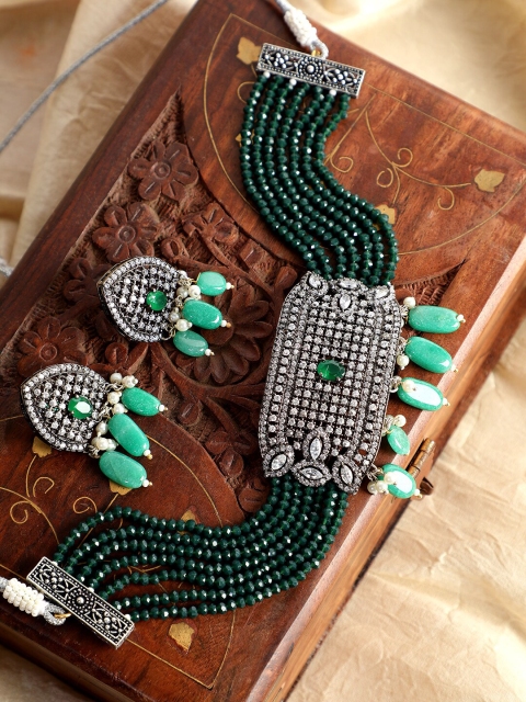 

Bhana Fashion Gold-Plated Green & White AD-Studded Beaded Jadau Jewellery Set
