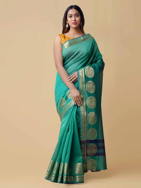 

Unnati Silks Green Silk Cotton Solid Kanjeevaram Saree