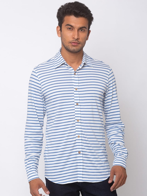 

Nick&Jess Men White & Blue Slim Fit Striped Casual Shirt