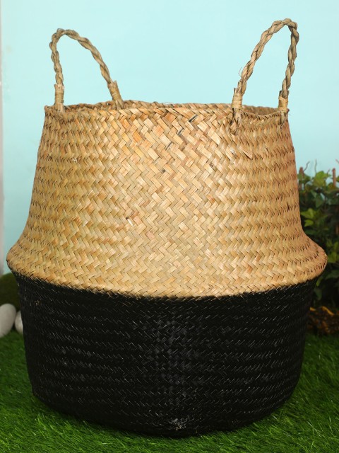 

Pollination Black & Beige Natural Plush Woven Seagrass Tote Belly Basket