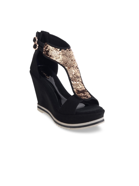 

Catwalk Women Black & Gold-Toned Colourblocked Embellished Suede Platform Heels