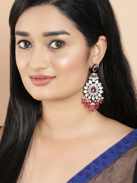 

rubans LUXURY Silver-Toned & Pink Classic Drop Earrings