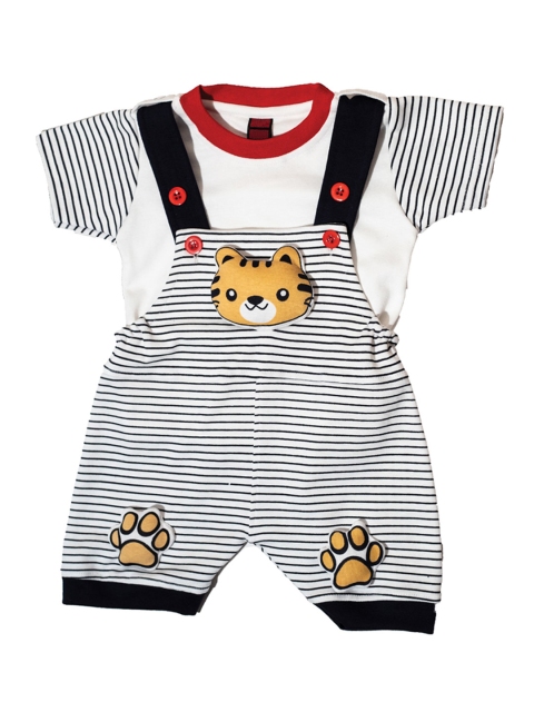 

BORN WEAR Unisex Kids White & Black Solid T-shirt with Dungaree Shorts