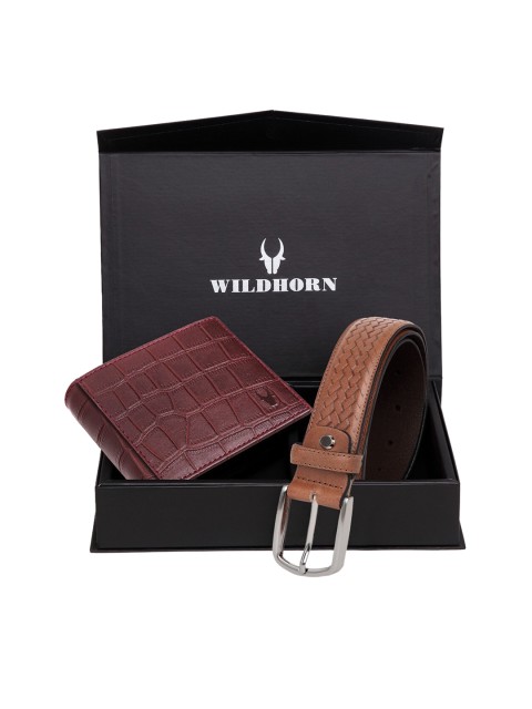 

WildHorn Men Brown & Maroon Textured RFID Protected Genuine Leather Accessory Gift Set