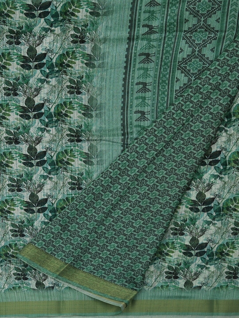 

Pothys Green Floral Print Jute Silk Saree
