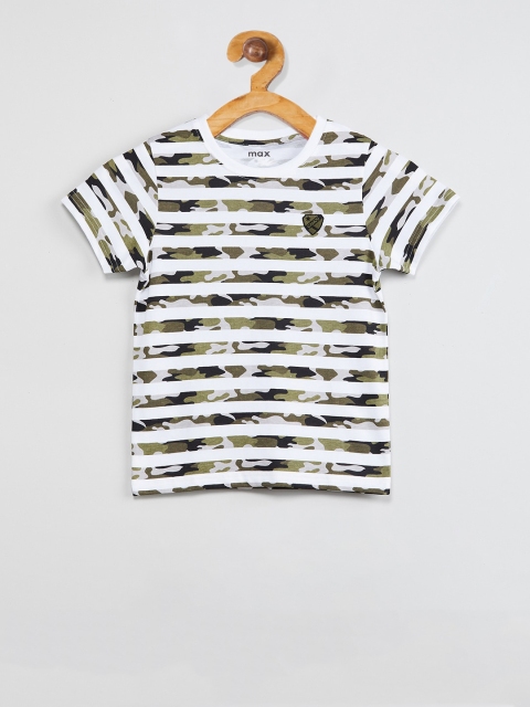 

max Boys White & Green Striped Round Neck T-shirt