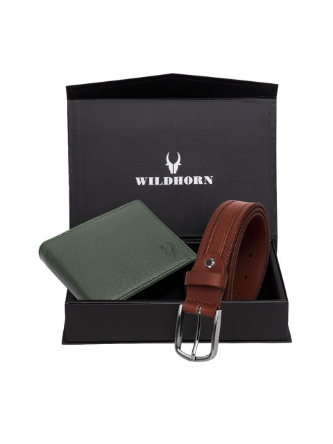 

WildHorn Men Green & Brown RFID Protected Genuine Leather Accessory Gift Set