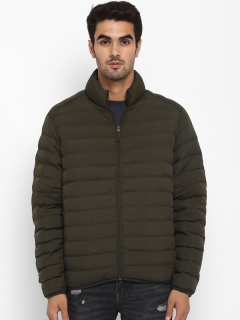 

METTLE Men Olive Green Striped Padded Jacket