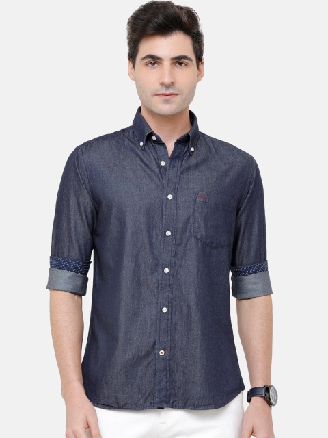 Double Two Men Navy Blue Comfort Slim Fit Solid Casual Shirt