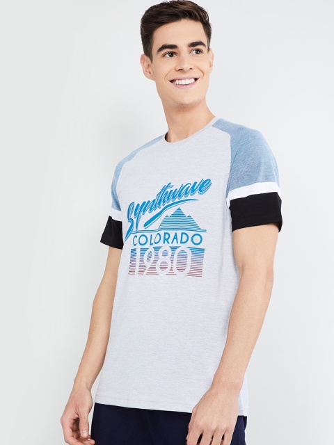 

max Men Grey Printed Round Neck T-shirt