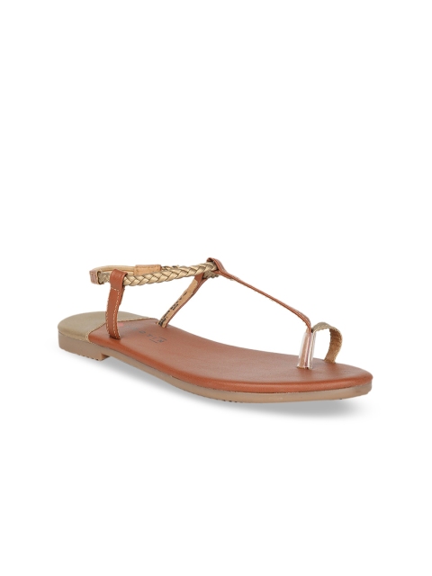 

Footin Women Brown Woven Design PU Open Toe Flats