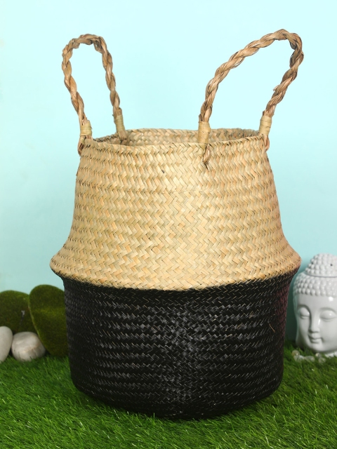 

PolliNation Black & Beige Natural Plush Woven Seagrass Tote Belly Basket