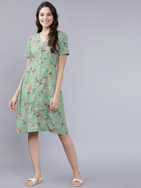 

Tokyo Talkies Women Sage Green & Orange Floral Print A-Line Dress