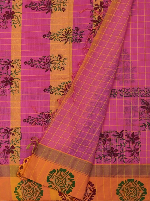 

Pothys Pink & Yellow Cotton Blend Floral Printed Saree