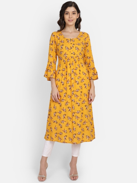 

Saffron Threads Women Mustard Yellow Printed A-Line Kurta