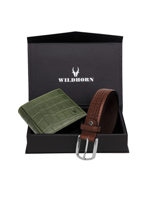

WildHorn Men Green & Brown Textured RFID Protected Genuine High Quality Leather Wallet & Belt Combo Gift Set