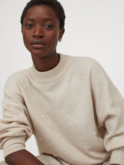 

H&M Women Beige Solid Studded Jumper