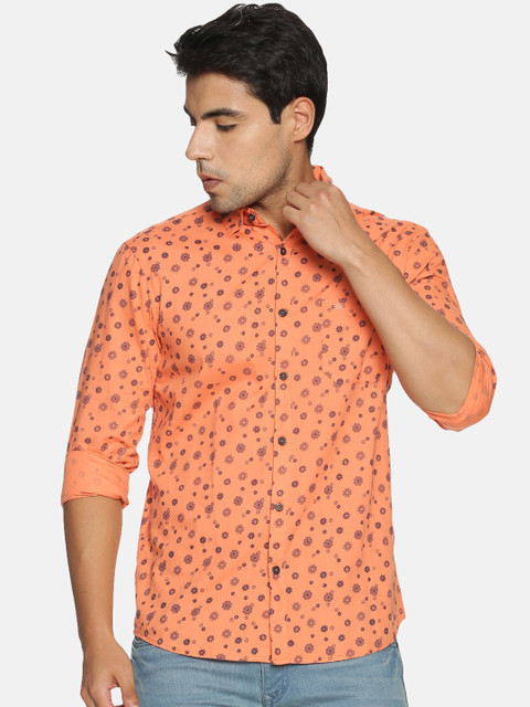 

Chennis Men Orange & Navy Blue Slim Fit Floral Printed Casual Shirt