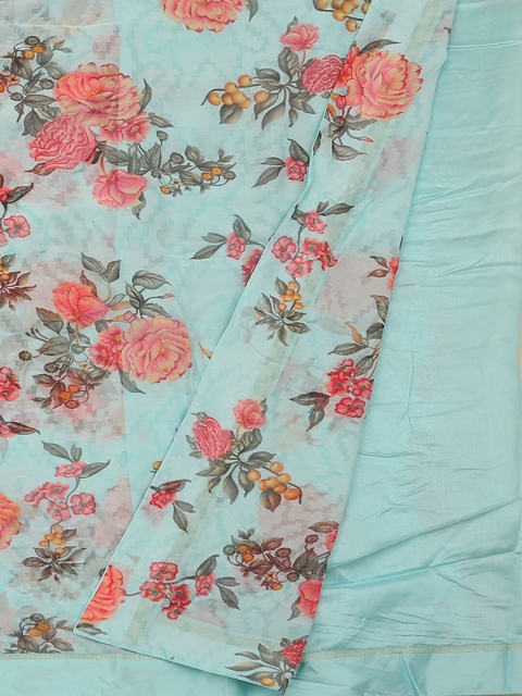 

Pothys Blue Floral Printed Poly Georgette Saree
