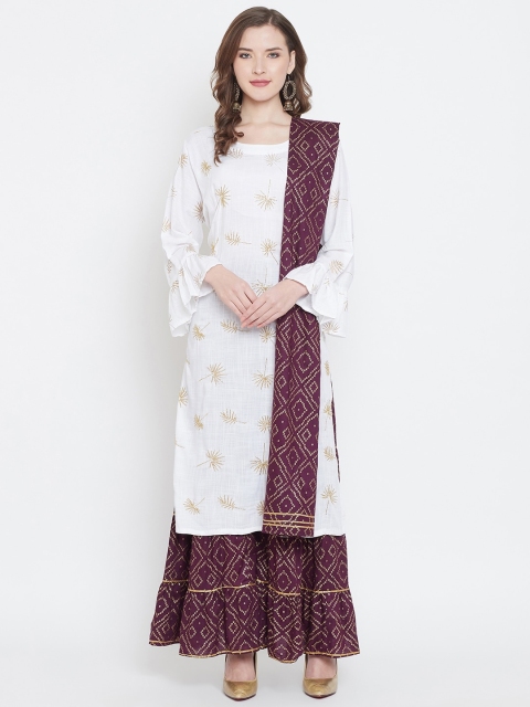 

Castle Women White & Burgundy Embroidered Kurti with Palazzos & Dupatta
