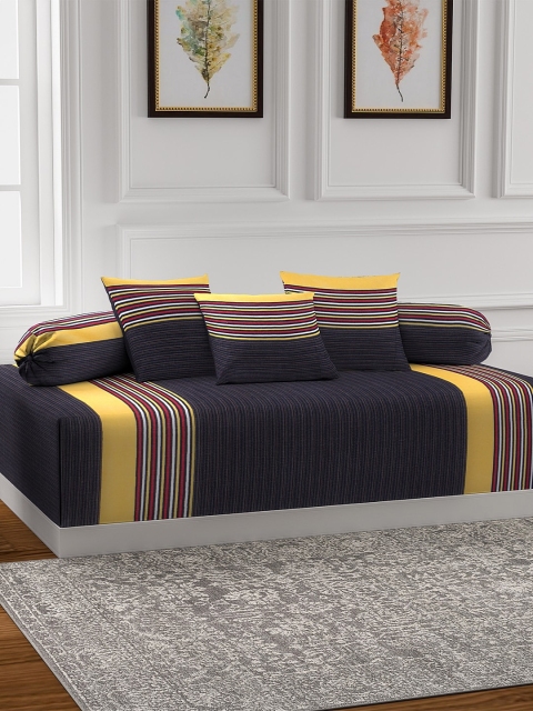 

NEUDIS Set Of 6 Navy Blue & Red Striped Premium Cotton Corduroy Diwan Set