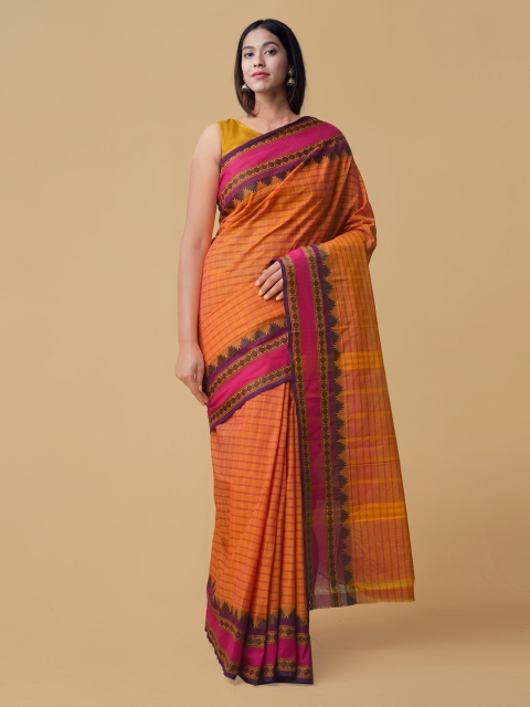 

Unnati Silks Orange Pure Cotton Checked Chettinad Saree