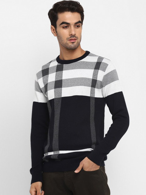 

METTLE Men Navy Blue Checked Pullover Sweater