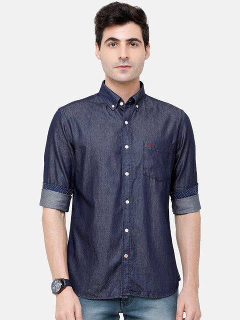 

Double Two Men Blue Comfort Slim Fit Solid Denim Casual Shirt