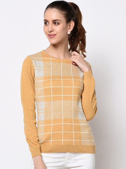 

METTLE Women Yellow Checked Pullover Sweater