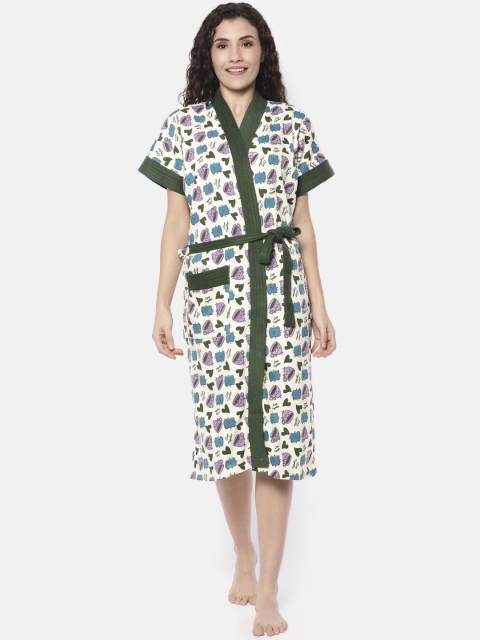 

Red Rose Women Off-White & Green Printed Bath Robe