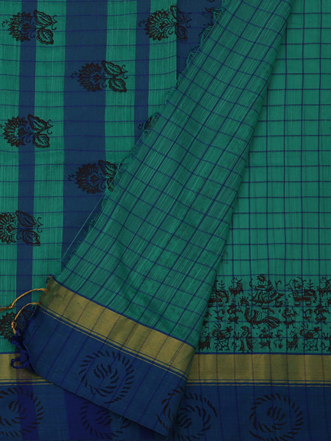 

Pothys Green & Blue Cotton Blend Checked Saree