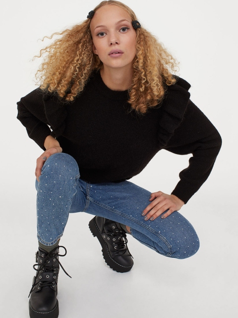 

H&M Women Black Solid Flounce-Trimmed Jumper