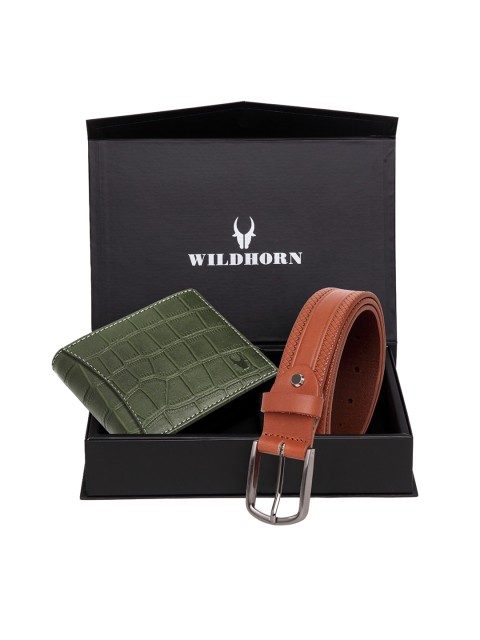 

WildHorn Men Green & Brown RFID Protected Genuine Leather Accessory Gift Set
