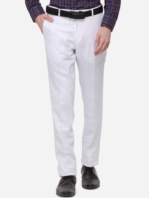 

JB STUDIO Men White Slim Fit Solid Linen Formal Trousers