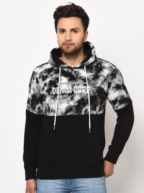 

98 Degree North Men Black & White Printed Hooded Sweatshirt