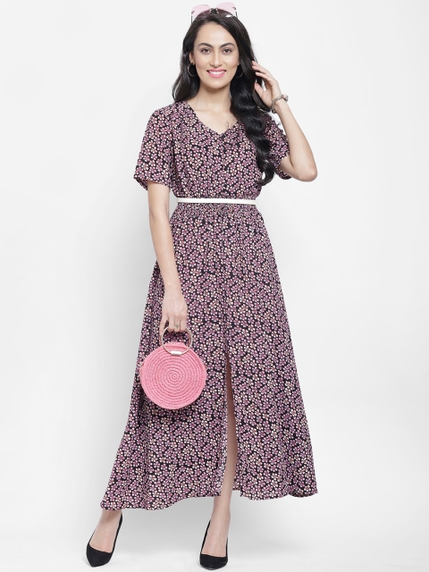 NIXX Women Black & Pink Floral Printed Maxi Dress