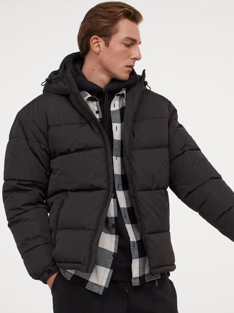 

H&M Men Black Solid Hooded Puffer Jacket