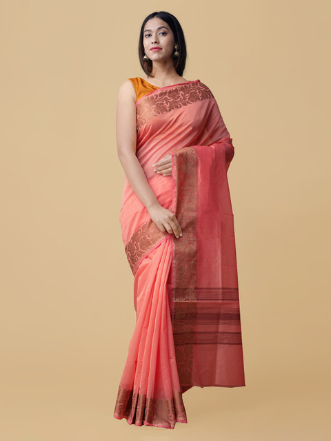 

Unnati Silks Pink Silk Cotton Solid Kanjeevaram Saree