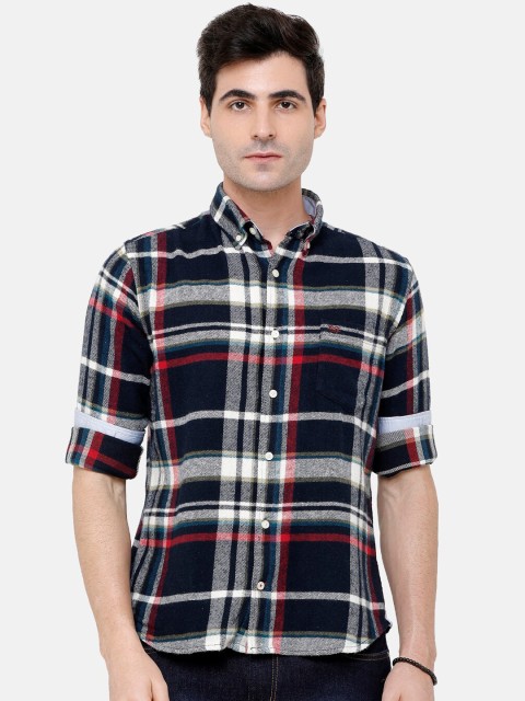 Double Two Men Navy Blue & White Slim Fit Checked Casual Shirt