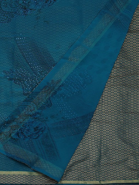 

Pothys Blue Floral Printed Poly Georgette Saree