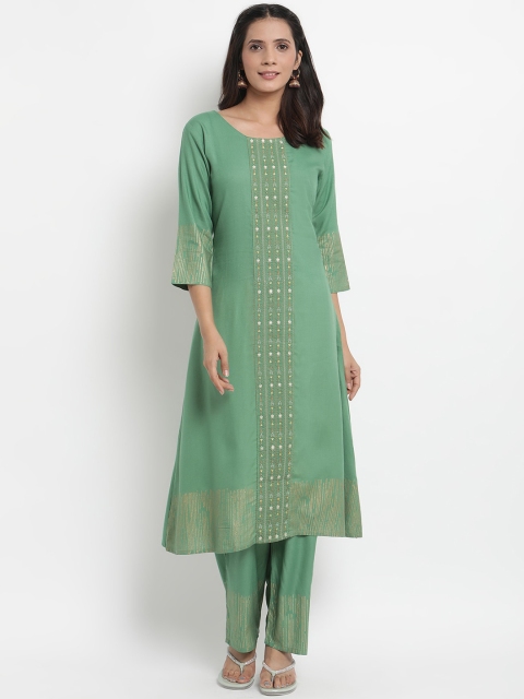 

Prakhya Women Green Embroidered Kurta with Trousers