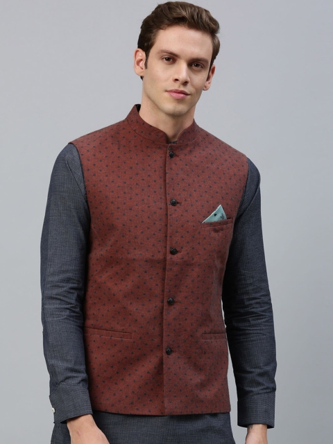 

RARE RABBIT Men Brown & Black Printed Woven Pure Cotton Nehru Jacket
