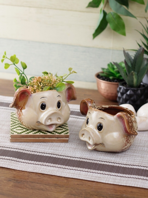 

Aapno Rajasthan Unisex Set Of 2 White & Brown Ceramic Planters