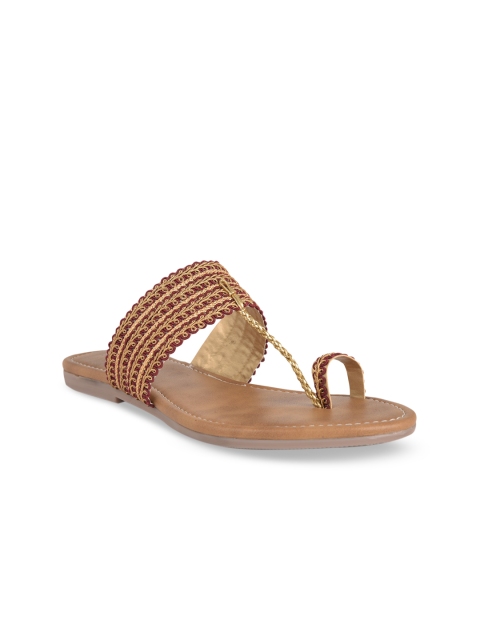 

SALARIO Women Gold-Toned Woven Design PU T-Strap Flats