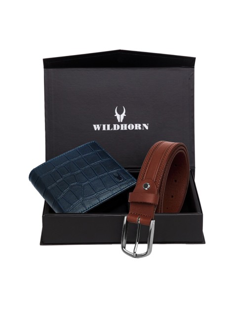 

WildHorn Men Blue & Brown Textured RFID Protected Genuine Leather Accessory Gift Set