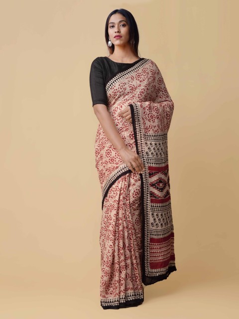 

Unnati Silks Beige & Red Pure Cotton Printed Kota Saree