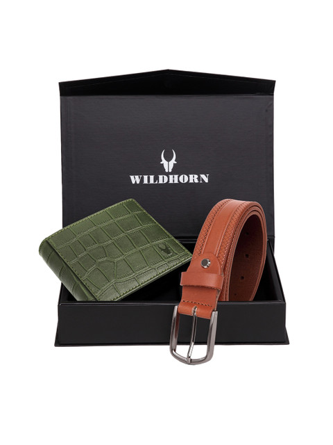 

WildHorn Men Green & Brown RFID Protected Genuine Leather Accessory Gift Set