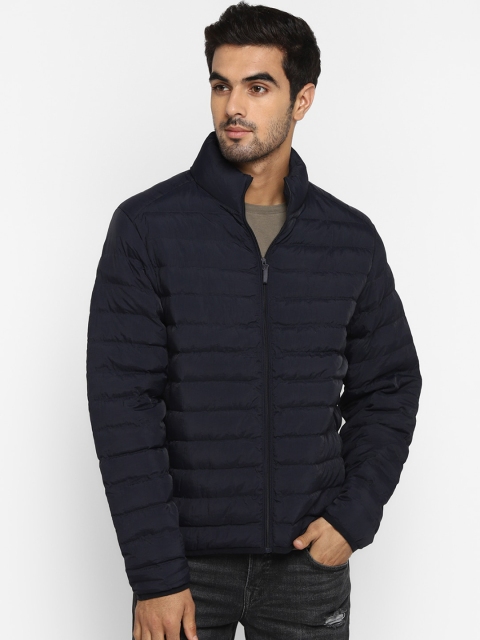 

METTLE Men Navy Blue Striped Puffer Jacket