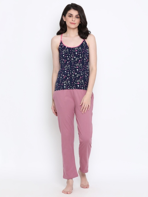 

Clovia Women Navy Blue & Pink Printed Night suit
